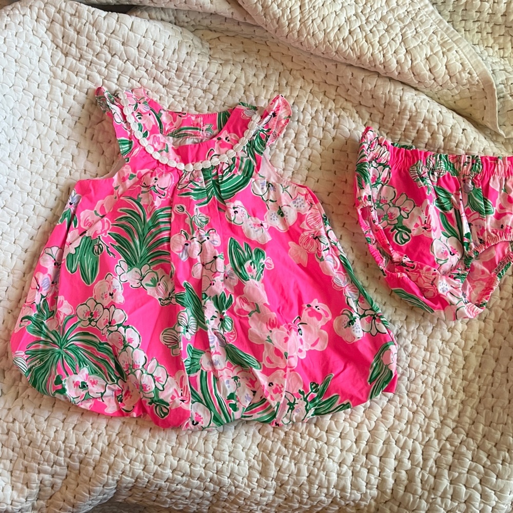 Lilly Pulitzer Tropical Pink Floral Baby Dress & Bloomers size 6-12 months